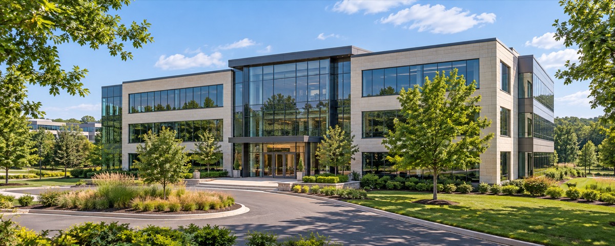 Contemporary office building in a landscaped office park